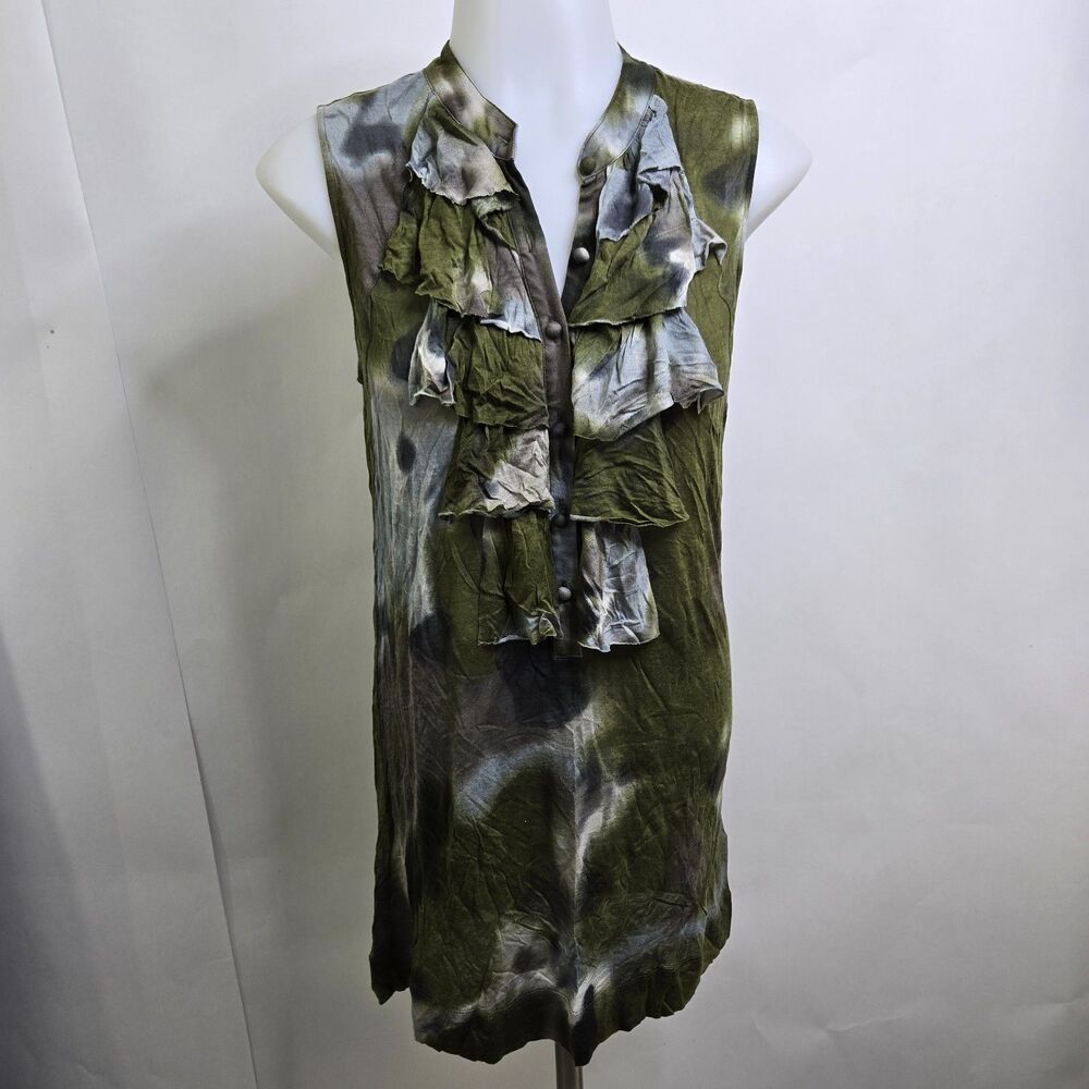 Cabi Haute Camo Ruffle Tunic Blouse Top Size S Green Tie Dye Sleeveless 593